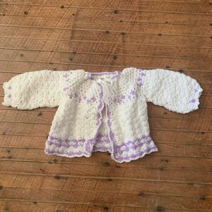 Handmade purple and cream crochet baby 0-6 cardigan